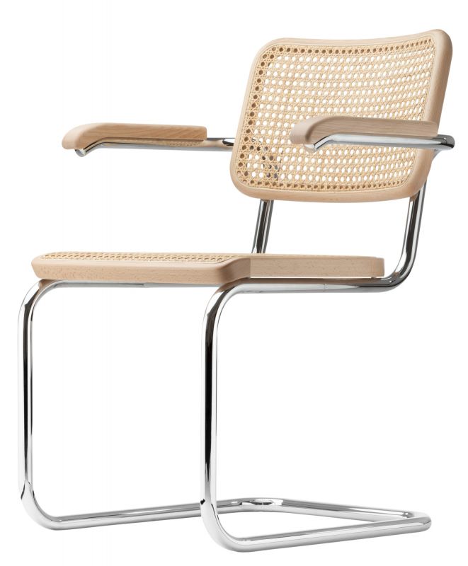 S 64 V Thonet Freischwinger Stuhl mit Stahlrohrgestell und Wiener Geflecht, seitliche Ansicht.
